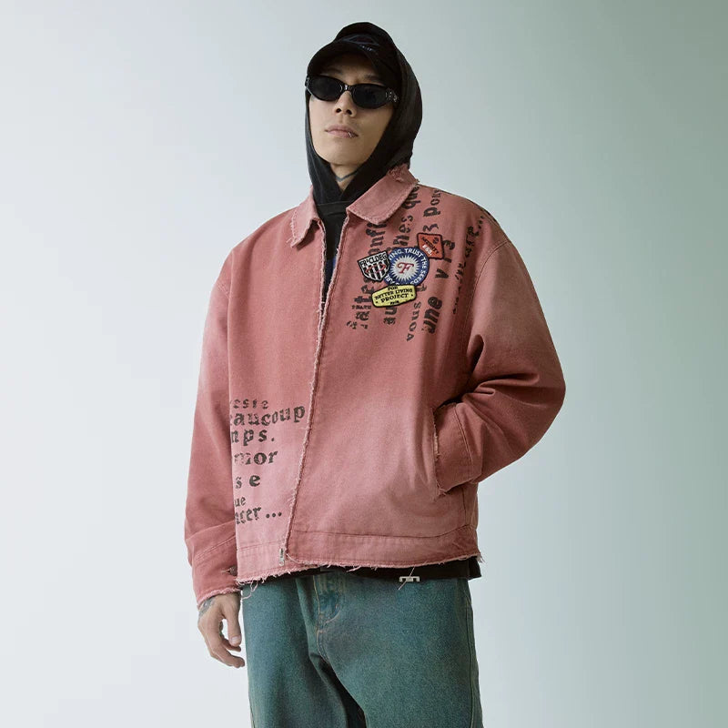 F2CE trendy worn-out print embroidery silhouette military fabric canvas zipper cleanfit jacket red jacket