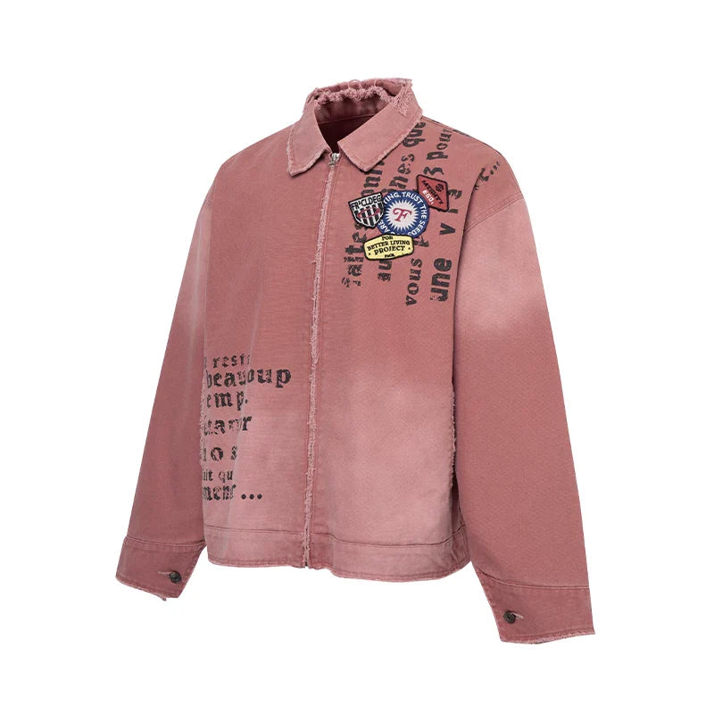 F2CE trendy worn-out print embroidery silhouette military fabric canvas zipper cleanfit jacket red jacket