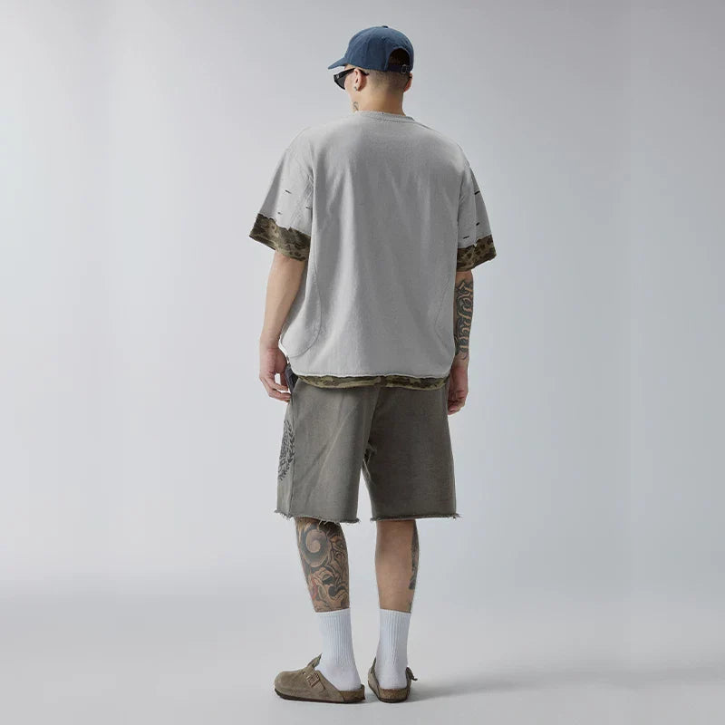 F2CE Trendy Short Sleeve Deconstructed Splicing Color Contrasting Stacking Camo Piercing Half Sleeve Heavy Weight Loose Casual Versatile T-shirt
