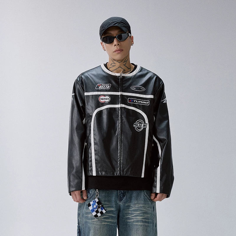 F2CE trendy embroidered leather jacket with retro stripes, loose and trendy motorcycle leather jacket, racing suit jacket for men