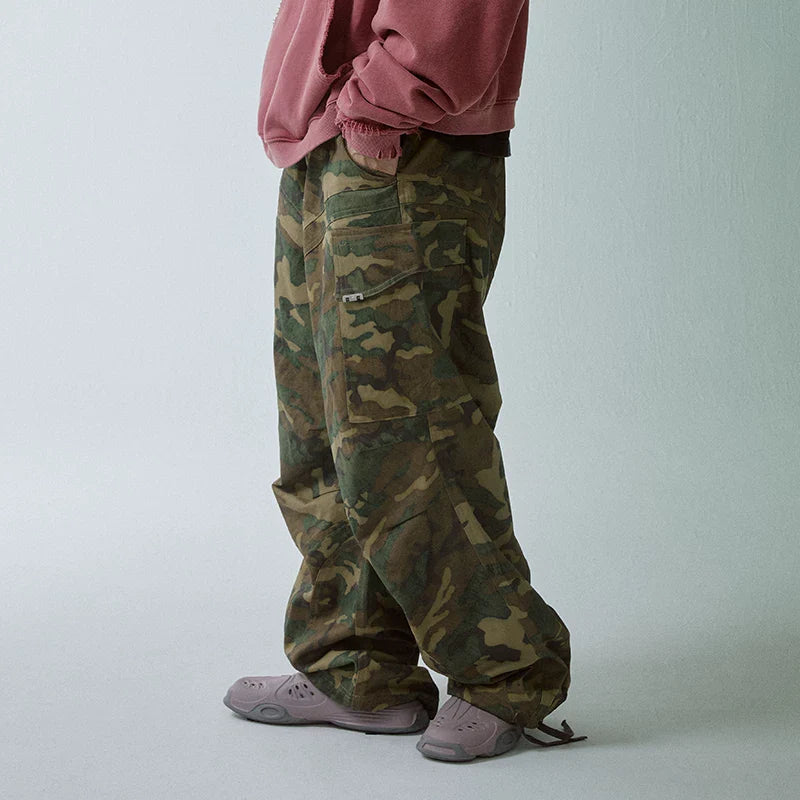 F2CE vintage wide leg loose cleanfit casual straight leg pleated paratrooper pants trendy green camouflage pocket work pants