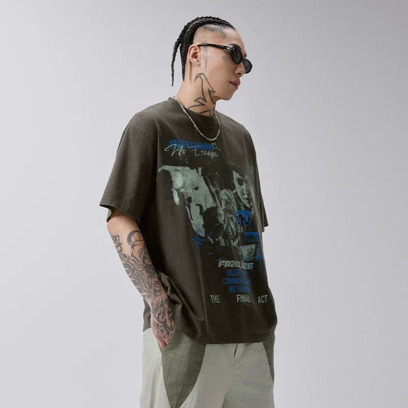 FCE Men's Heavyweight Vintage Washed Graphic T-Shirt, American Retro Streetwear Oversized Casual Short Sleeve Tee