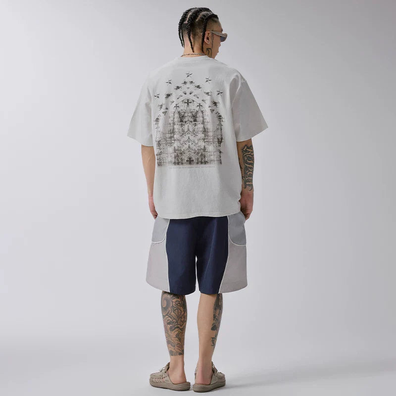 F2CE Dark Gothic Church Printed Short Sleeve American High Street silhouette Summer Tide Brand Off Shoulder Sleeve Casual Loose T-shirt