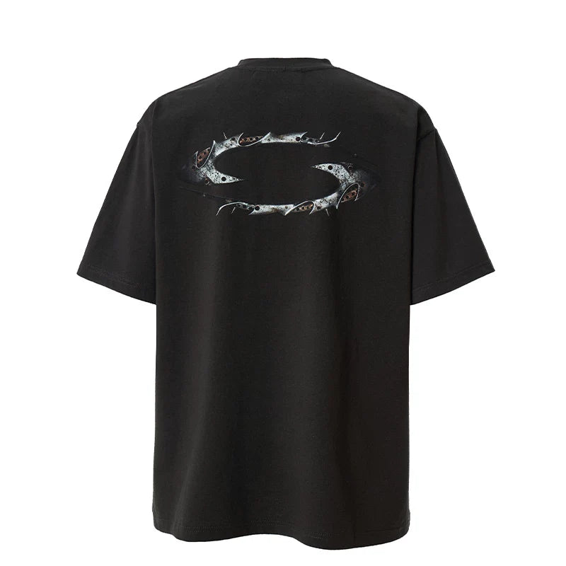 F2CE Heavy duty Washed Vintage American Trendy Metal Logo Printed T-shirt High Street Summer Loose Casual Short Sleeve