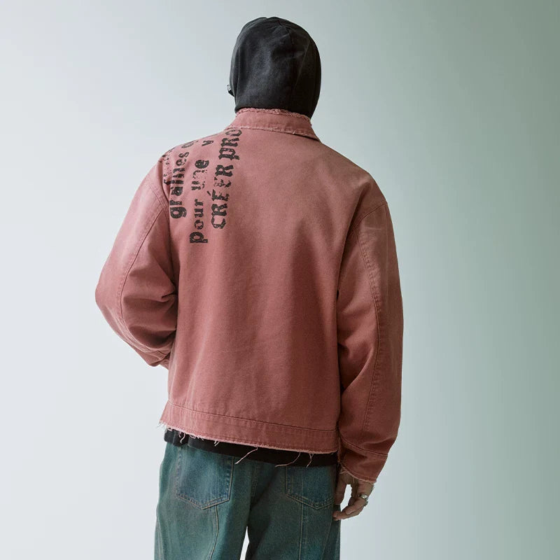 F2CE trendy worn-out print embroidery silhouette military fabric canvas zipper cleanfit jacket red jacket