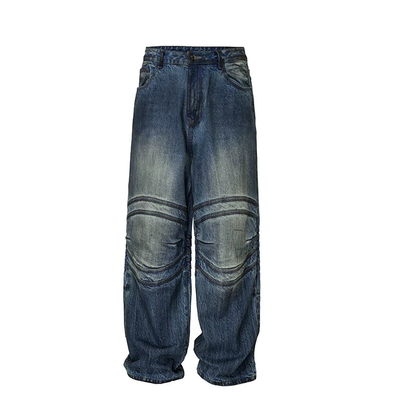 F2CE heavyweight dirty retro washed old loose straight leg bone pleated wide leg autumn and winter trendy jeans