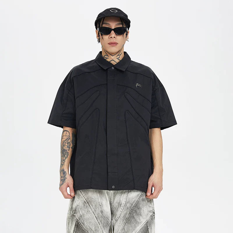 F2CE loose silhouette dark skeleton three-dimensional shirt high street trendy American metal logo functional short sleeved men
