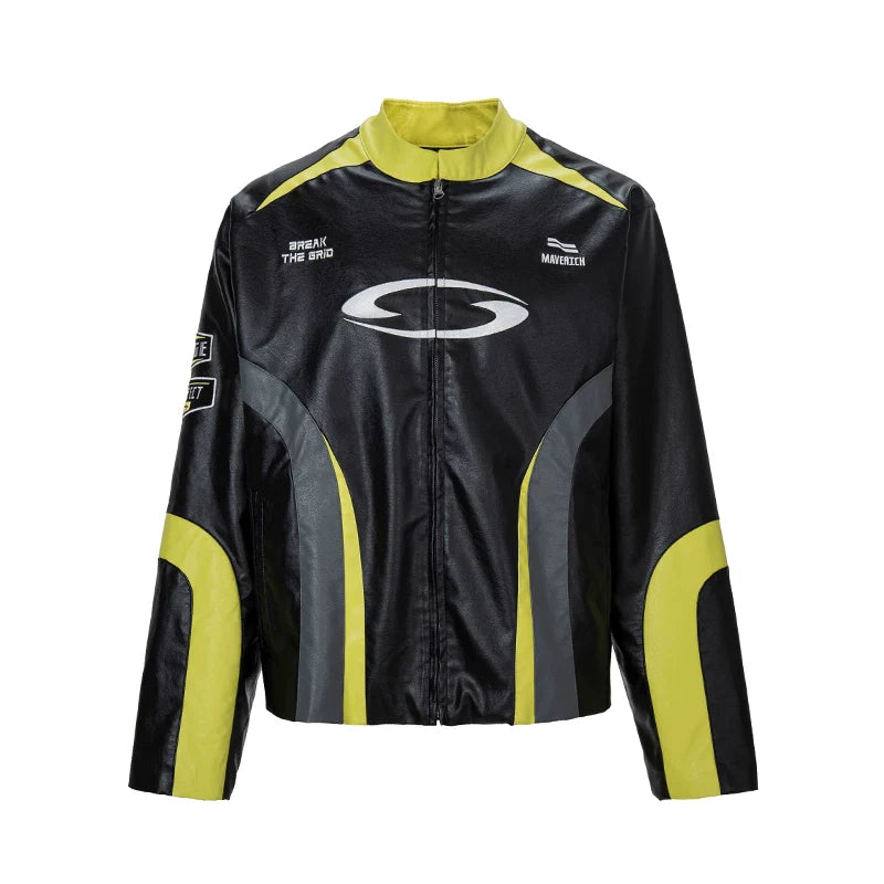 F2CE splicing contrasting embroidered leather jacket, loose American avant-garde motorcycle stand up collar leather jacket, racing suit, casual jacket