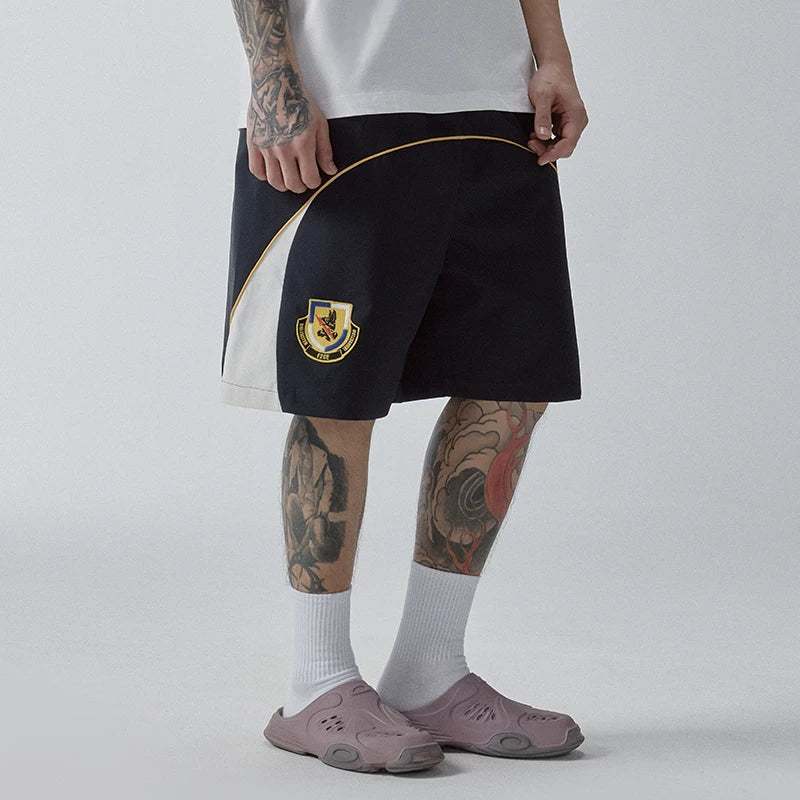 F2CE trendy loose casual versatile shorts embroidered stamp splicing contrasting color men's beach pants breathable five quarter pants