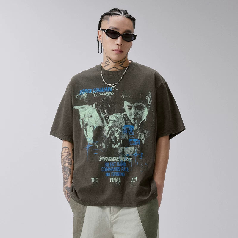 FCE Men's Heavyweight Vintage Washed Graphic T-Shirt, American Retro Streetwear Oversized Casual Short Sleeve Tee