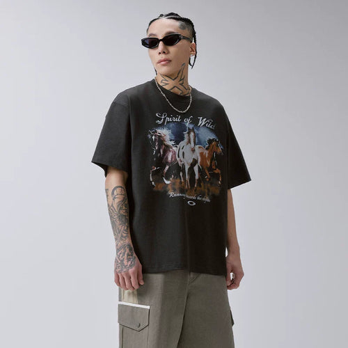 F2CE American retro vintage washed horse print T-shirt for men and women, oversized high street short sleeved top