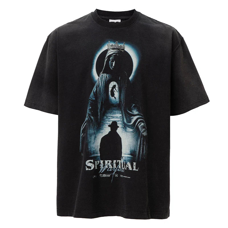 F2CE Heavy duty Washed Old American Retro Vintage High Street Trendy Printed T-shirt Summer Loose Casual Short Sleeve