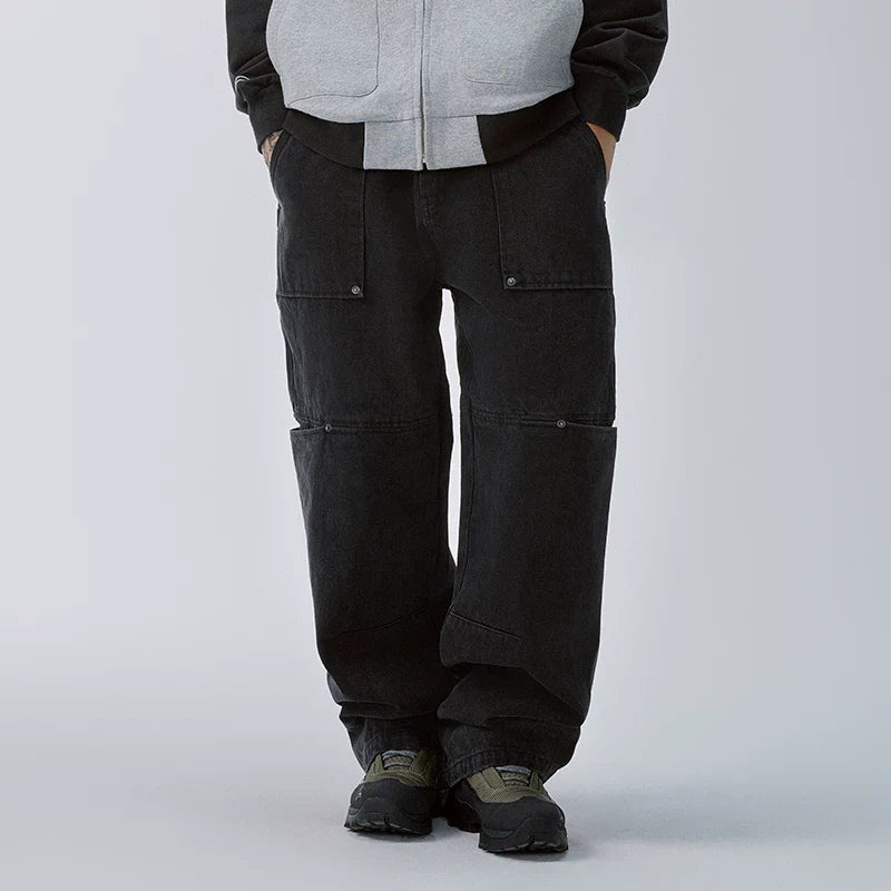 F2CE High Street Trendy American Casual Pants Used Jeans with Multiple Pockets Loose and Loose Straight Tube Workwear Pants