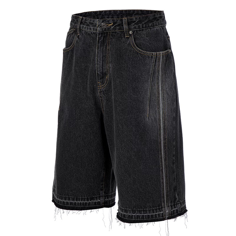 F2CE washed over knee denim shorts with loose silhouette and frayed edges, Vibe casual versatile cropped pants