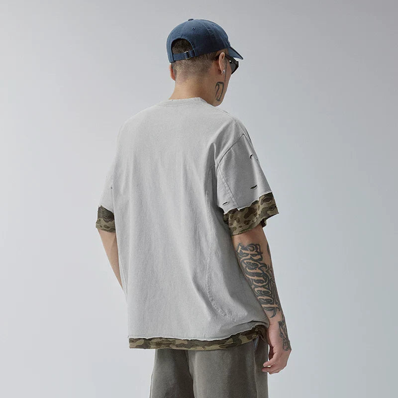 F2CE Trendy Short Sleeve Deconstructed Splicing Color Contrasting Stacking Camo Piercing Half Sleeve Heavy Weight Loose Casual Versatile T-shirt