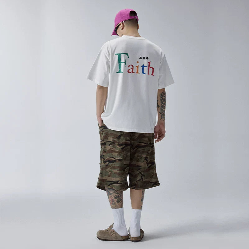 F2CE basic color slogan print couple short sleeved heavy loose cleanfit simple versatile T-shirt for men and women