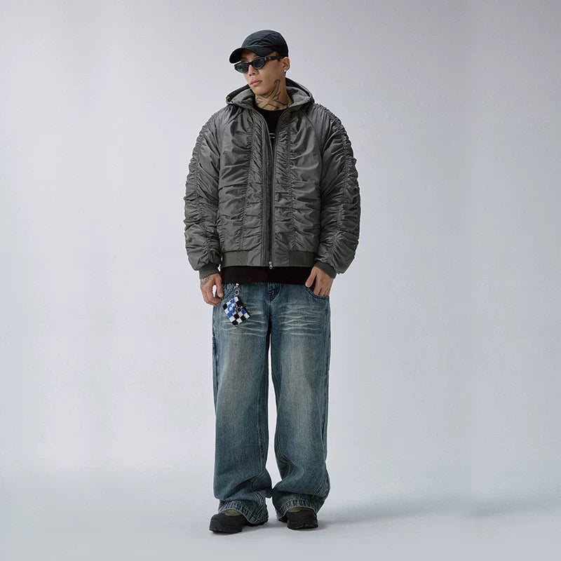 F2CE pleated retro bomber loose cotton jacket, American trend flight jacket, thick and warm M1 cotton jacket