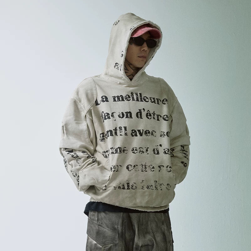 F2CE double-layer heavy-duty deconstruction, old destruction, mud dye printing slogan, loose hooded wide sweatshirt for men and women