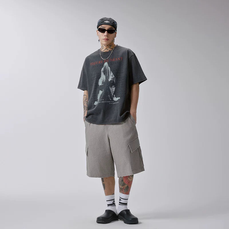FCE Men's Heavyweight Vintage Washed Graphic T-Shirt, American Retro Streetwear Oversized Casual Tee