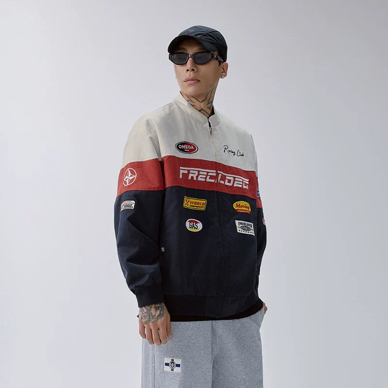 F2CE American Trendy Racing Jacket Splicing Color Contrasting Heavy Embroidered Loose Casual Men's Autumn/Winter Couple Coat