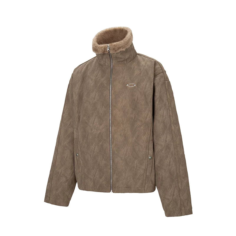 F2CE Trendy Mountain Carving with Velvet Thickened Warm and Cold Resistant Coat for Men, Heavy Weight Old Suede Leather Jacket, Wool Collar Cotton Jacket