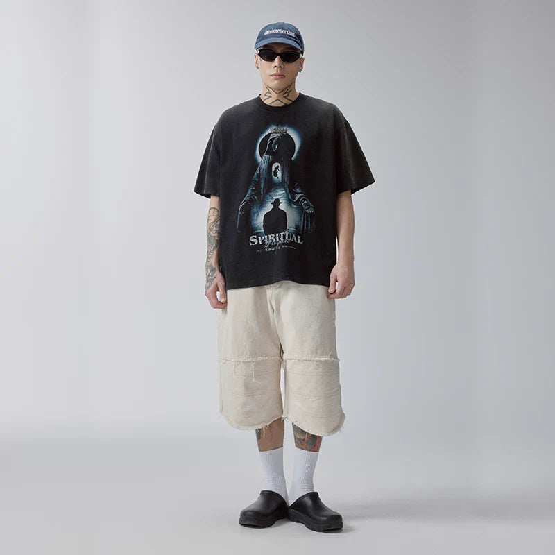 F2CE Heavy duty Washed Old American Retro Vintage High Street Trendy Printed T-shirt Summer Loose Casual Short Sleeve