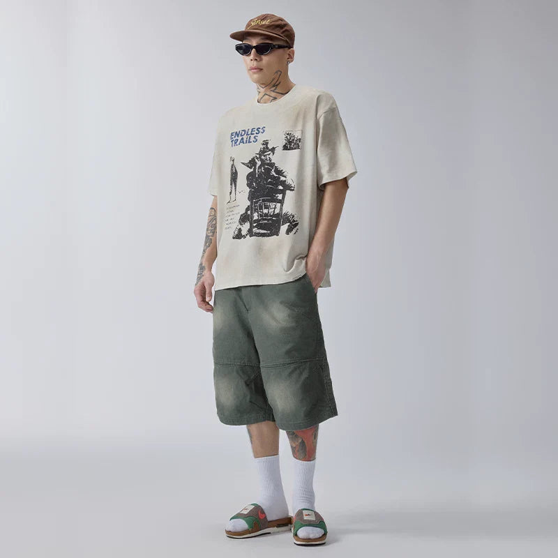 F2CE vintage loose trendy shorts American high street men's summer pocket wide leg workwear washed gradient cropped pants