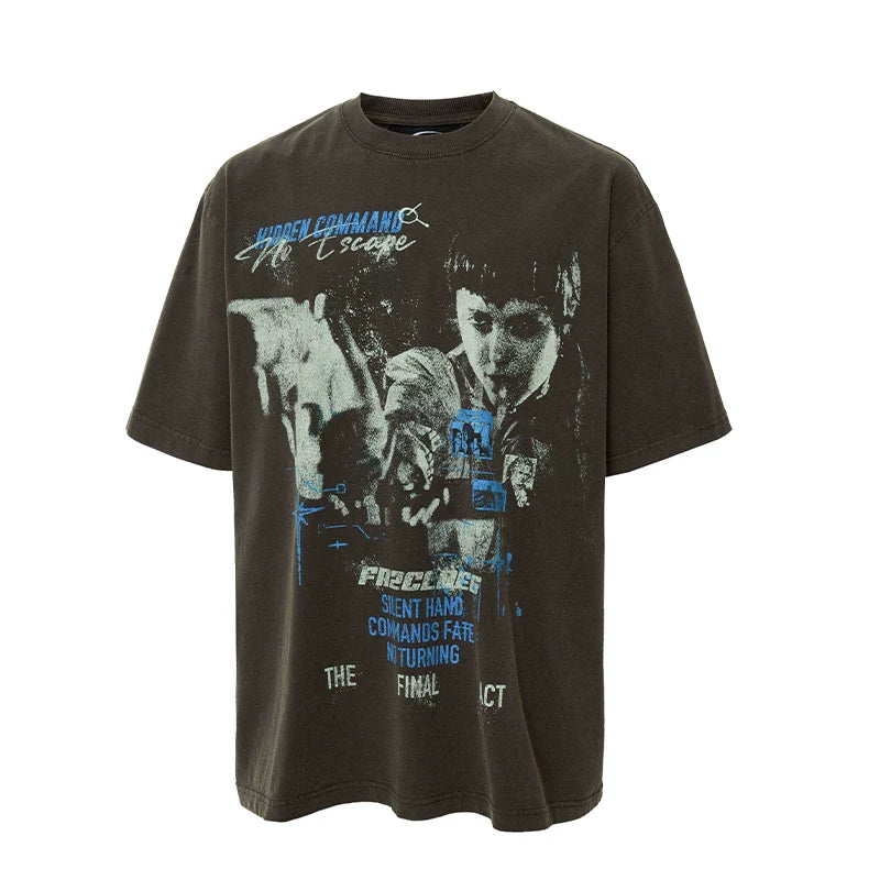 FCE Men's Heavyweight Vintage Washed Graphic T-Shirt, American Retro Streetwear Oversized Casual Short Sleeve Tee