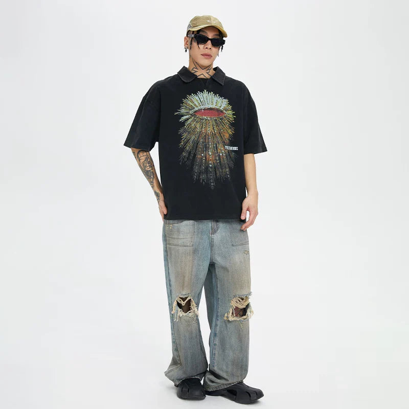 F2CE Heavyweight Washed Old POLO Shirt American Retro High Street Printed Couple T-shirt Summer Loose Casual Short Sleeve