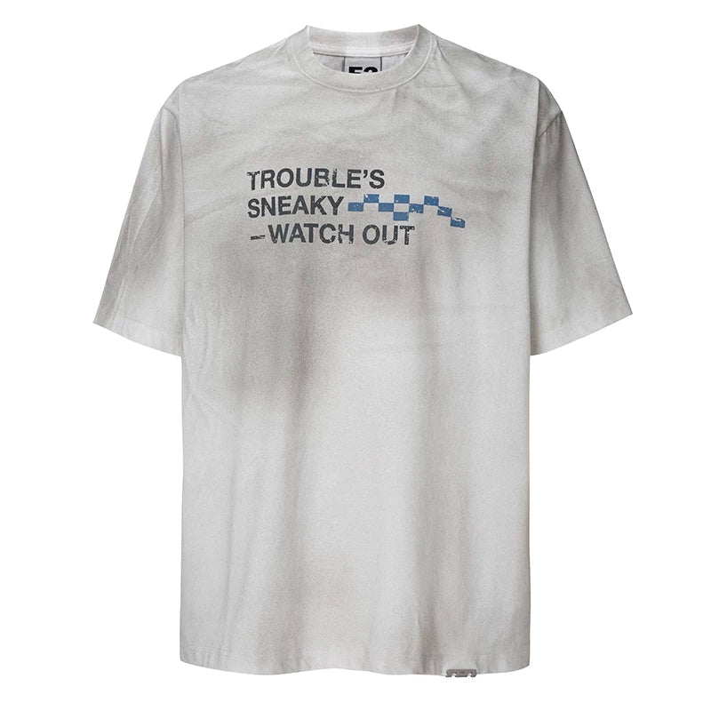 F2CE trendy vintage mud dye printed slogan short sleeved loose wide couple casual versatile T-shirt