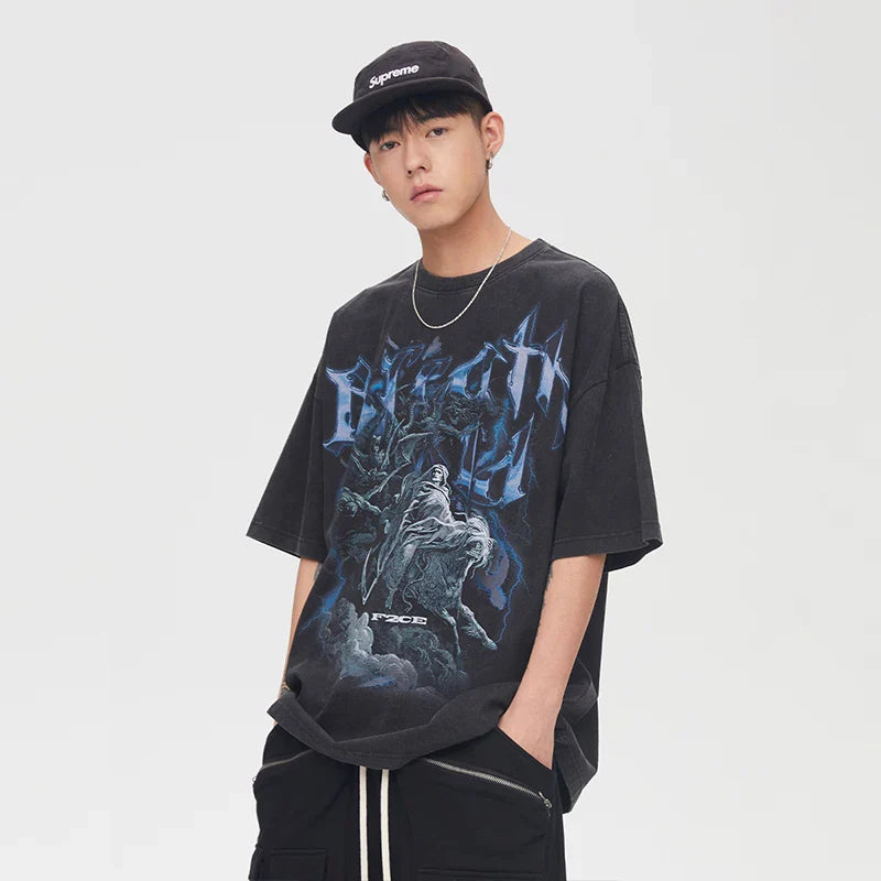 F2CE High Street Vibe vintage print vintage round neck short sleeved casual t-shirt men's loose trendy hip-hop