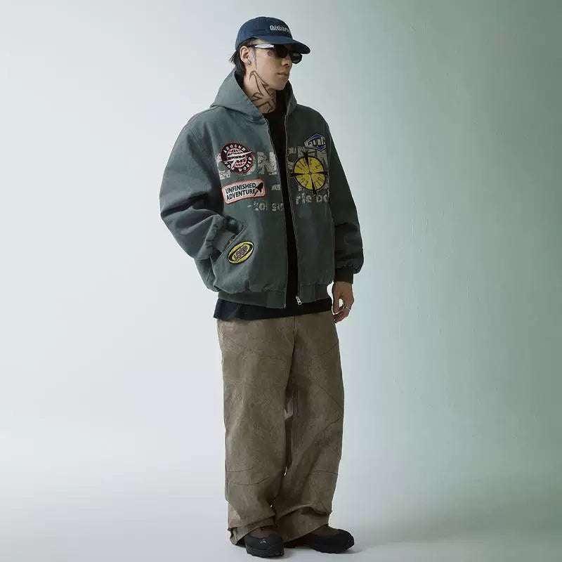F2CE trendy loose and wide heavyweight distressed canvas embroidered printed hooded Vibe jacket retro autumn and winter jacket