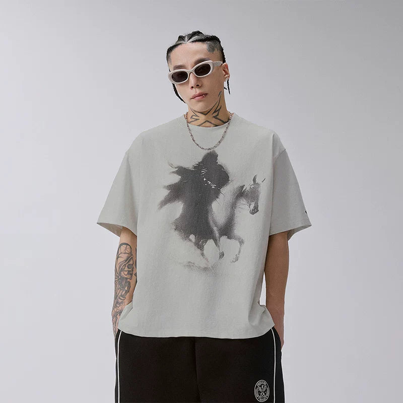 F2CE American Trendy Printed Vintage Round Neck Short Sleeve Loose Trendy High Street Casual T-shirt for Men and Women