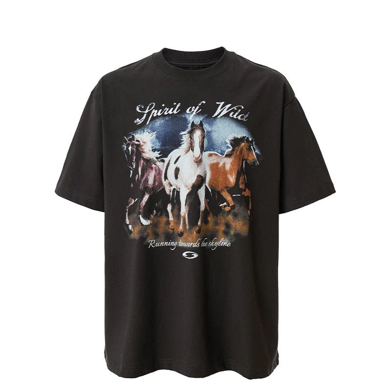 F2CE American retro vintage washed horse print T-shirt for men and women, oversized high street short sleeved top