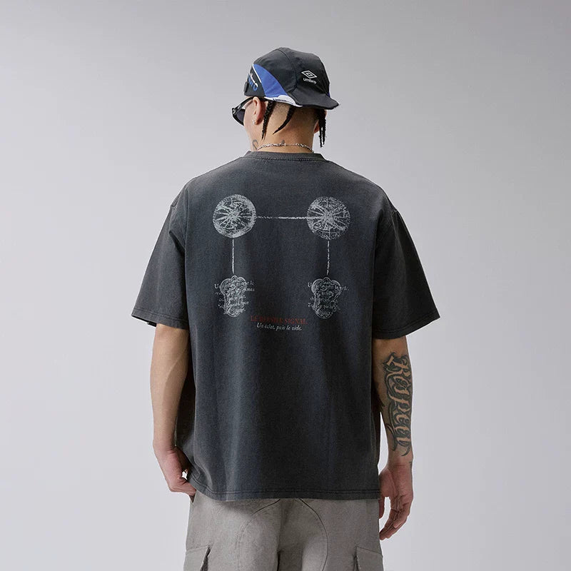 FCE Men's Heavyweight Vintage Washed Graphic T-Shirt, American Retro Streetwear Oversized Casual Tee