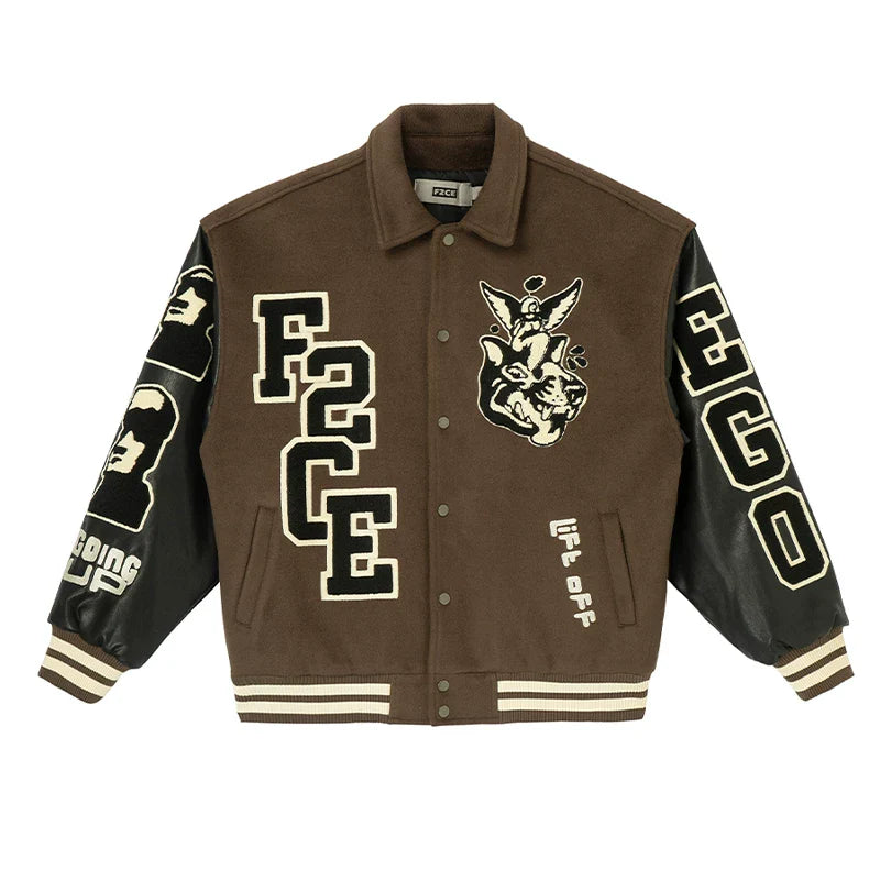 F2CE Trendy Heavy duty Towel Embroidered Baseball Jacket Wool for Autumn and Winter, Trendy Couple Casual Collar Jacket
