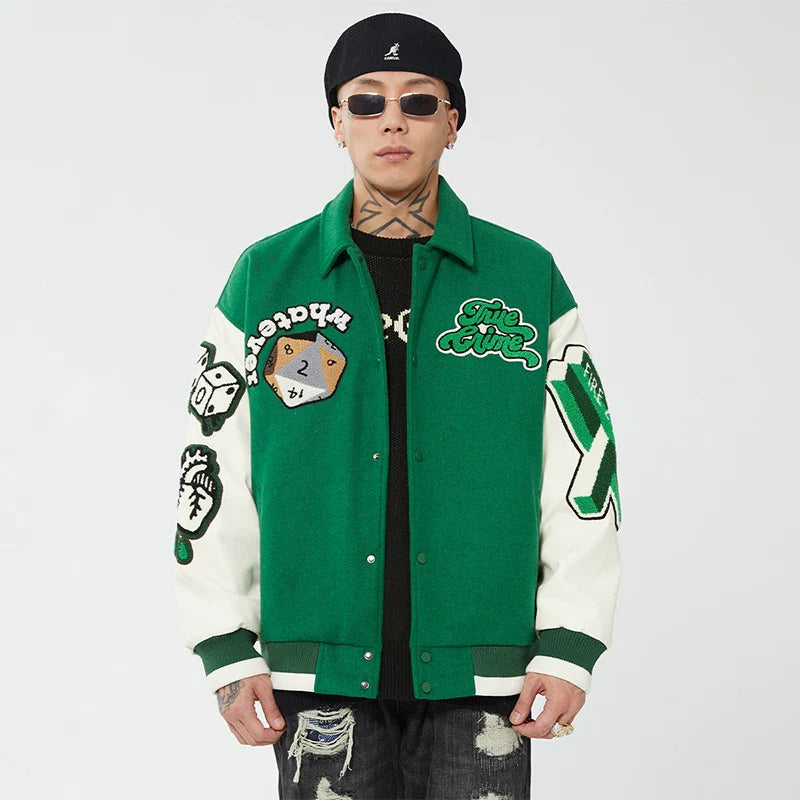 F2CE Trendy Embroidered Baseball Jacket with Green Wool for Autumn and Winter, Trendy Jacket for Couples, Casual High Street Collar Jacket