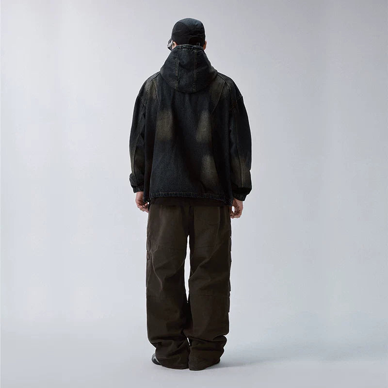 F2CE heavy-duty vintage washed denim jacket deconstruction splicing mud dyed hooded loose casual autumn and winter jacket cardigan