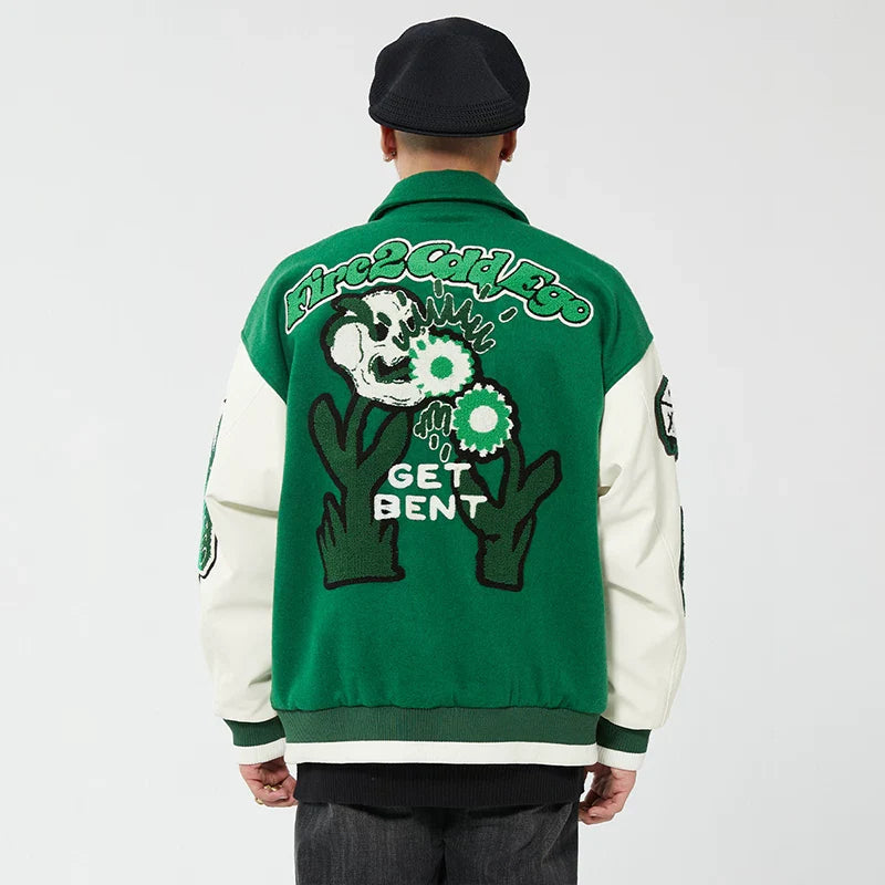 F2CE Trendy Embroidered Baseball Jacket with Green Wool for Autumn and Winter, Trendy Jacket for Couples, Casual High Street Collar Jacket