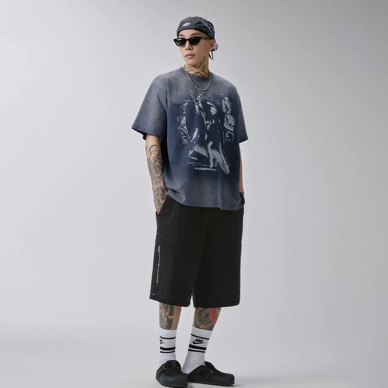 F2CE heavyweight pure cotton gradient washed portrait printed T-shirt, American style vintage loose shoulder short sleeved, unisex