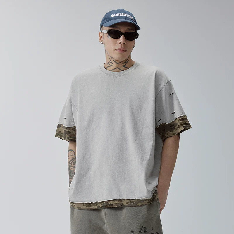 F2CE Trendy Short Sleeve Deconstructed Splicing Color Contrasting Stacking Camo Piercing Half Sleeve Heavy Weight Loose Casual Versatile T-shirt