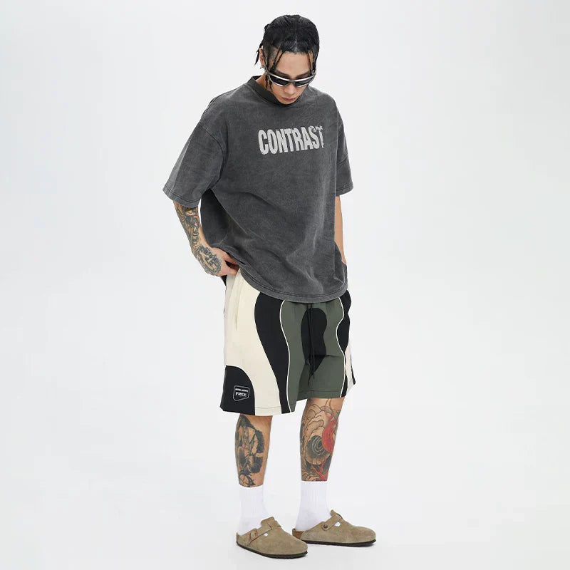 F2CE American style trendy spliced contrasting nylon shorts for men in summer, loose and casual five point basketball pants, sports breathable
