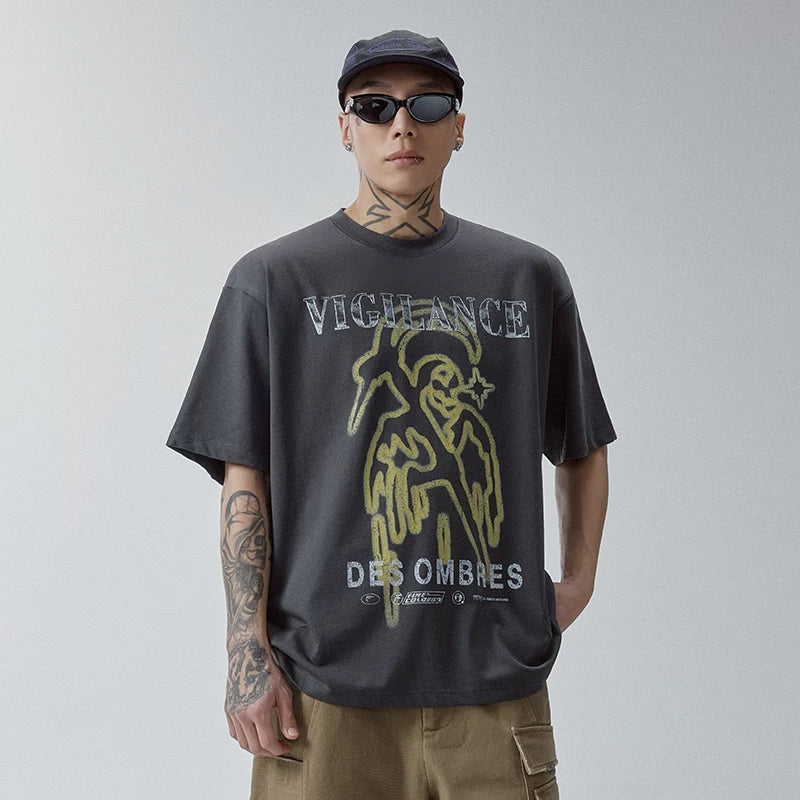 F2CE vintage printed vintage trendy distressed round neck short sleeved loose trendy high street casual t-shirt for men and women