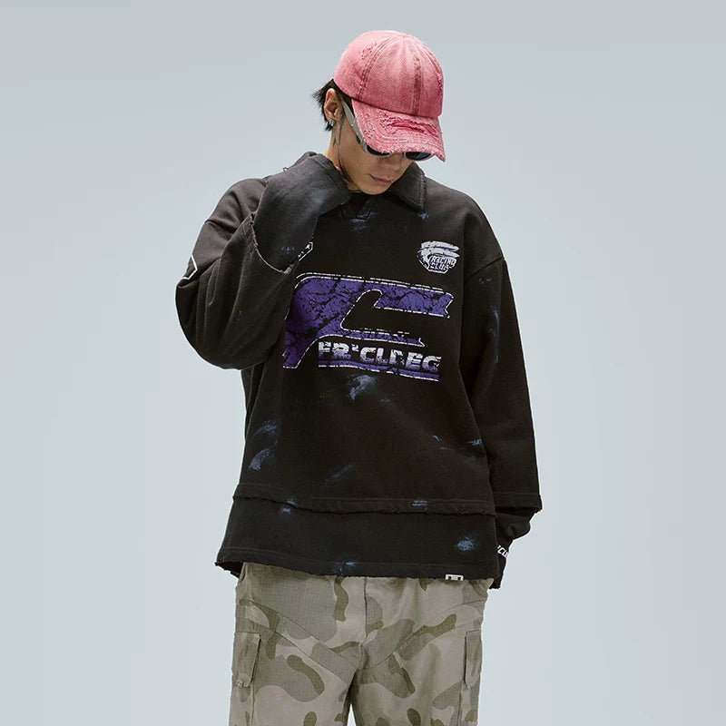 F2CE heavyweight polo shirt, American fake, two pieces worn out, stacked, racing style printed, hand-painted loose casual sweatshirt