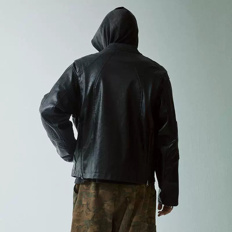 F2CE deconstruction splicing heavyweight stand up collar black leather jacket loose motorcycle leather jacket men's silhouette Vibe casual trendy jacket