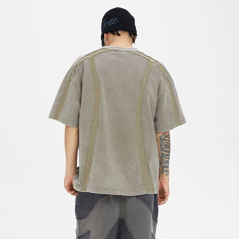 FCE waste soil wind old function burr destruction short sleeved deconstruction splicing color collision trendy high street loose men's and women's T-shirts