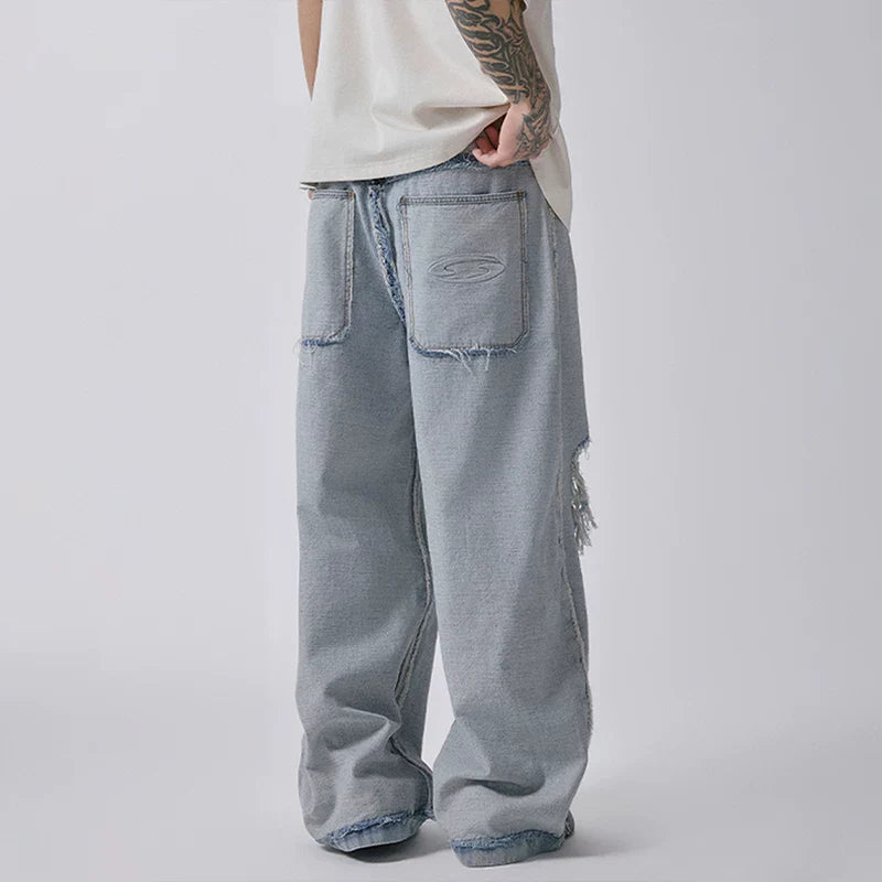 F2CE Retro Washed Outdated Anti Piercing Jeans for Men, Loose Straight Tube, Bare Haired Wide Legs, Casual Pants
