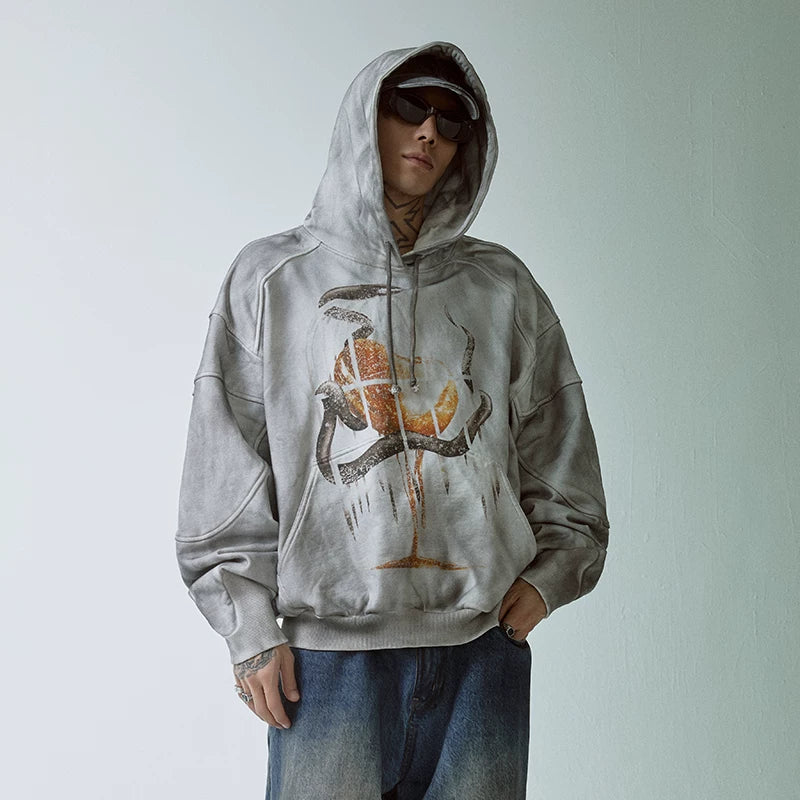F2CE trendy loose wide loop cotton dirty dye printed dark hooded sweatshirt for men and women couple hoodie