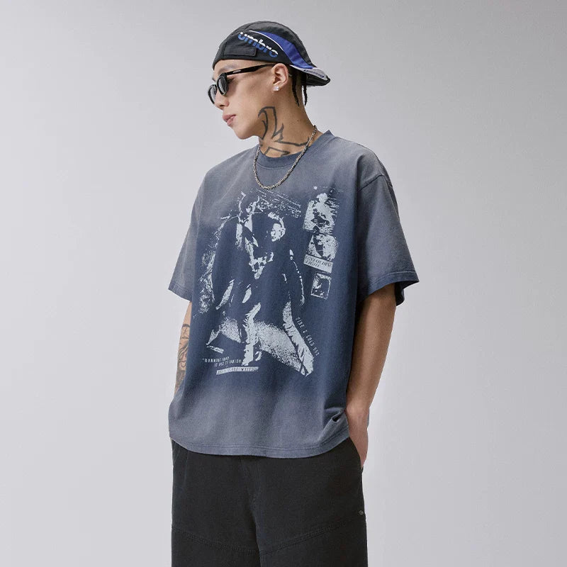 F2CE heavyweight pure cotton gradient washed portrait printed T-shirt, American style vintage loose shoulder short sleeved, unisex