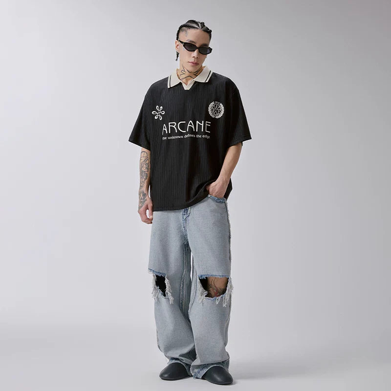 F2CE Retro Washed Outdated Anti Piercing Jeans for Men, Loose Straight Tube, Bare Haired Wide Legs, Casual Pants